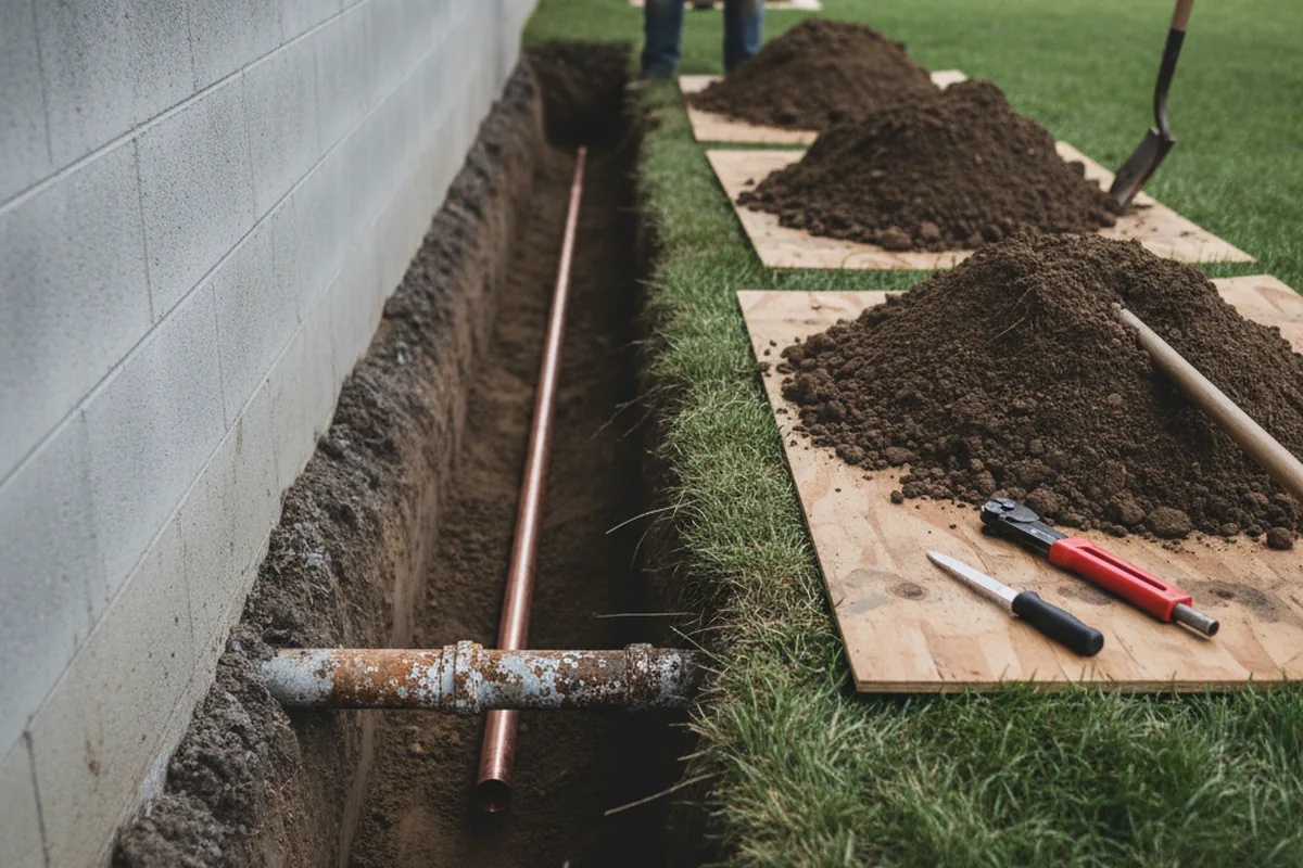 Excavated water line trench during Sewer Line Repair in Windsor